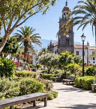 Jardín con palmeras, bancos y un paseo enlosado frente a la torre de la iglesia de la Concepción, en La Laguna.