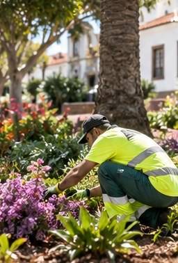 Jardinero agachado cuidando un parterre de flores moradas al pie de una palmera.