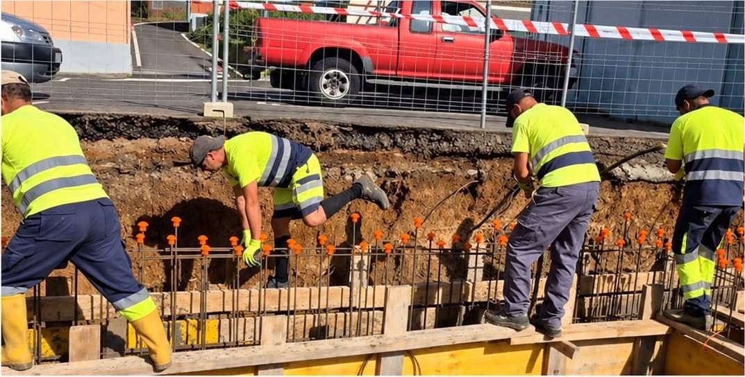 Operarios con ropa de alta visibilidad colocando la ferralla en la excavación de la plaza, entre el vallado de obra.