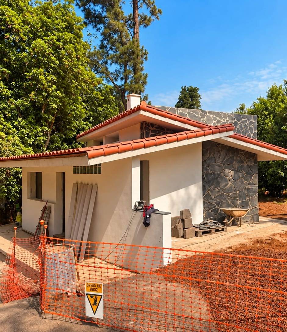 El mismo edificio en obra, aún sin pintar, con el tejado de teja ya puesto y una minicargadora al lado.