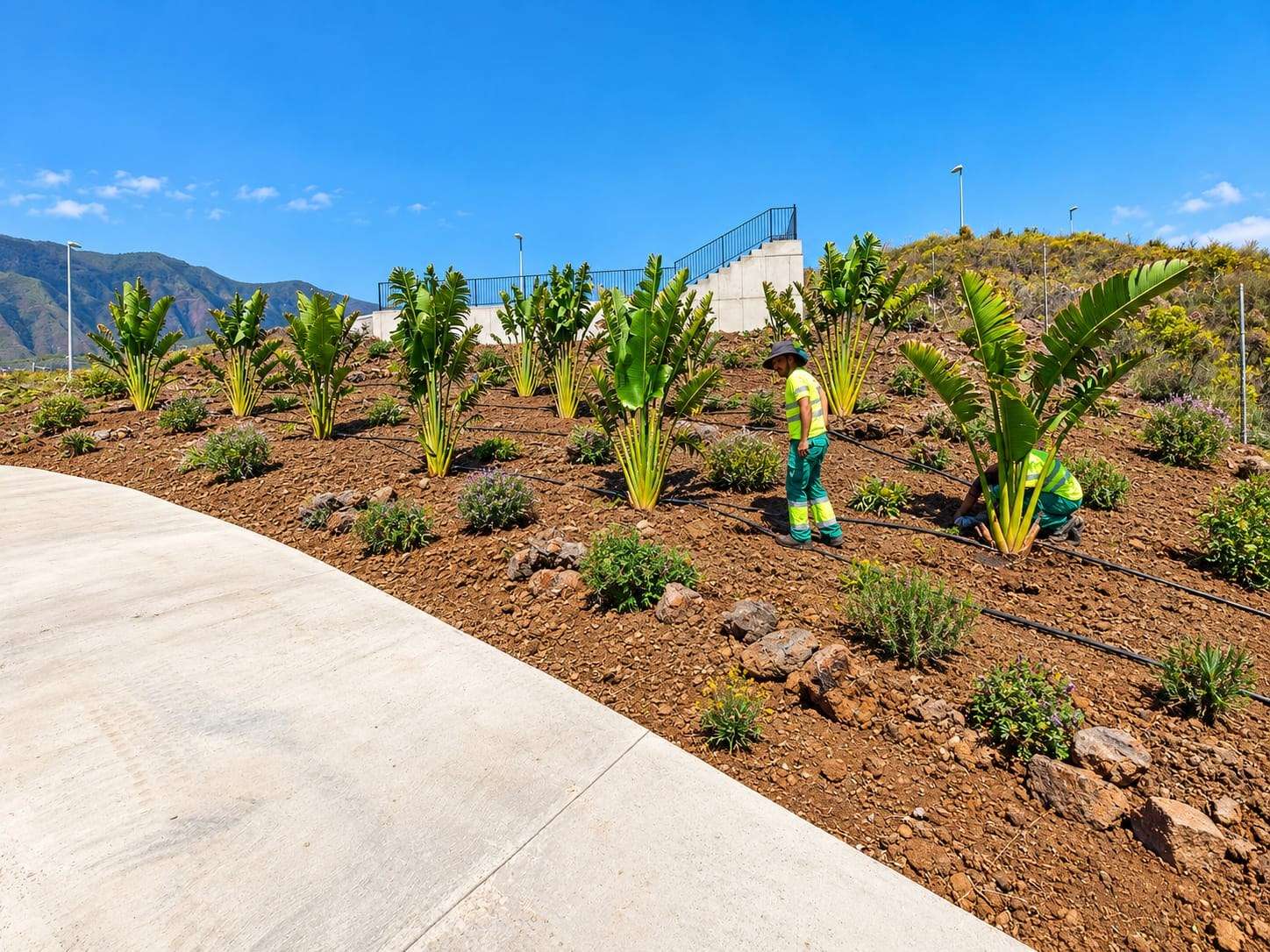 Operarios plantando una ladera junto a un paseo, con montañas al fondo.