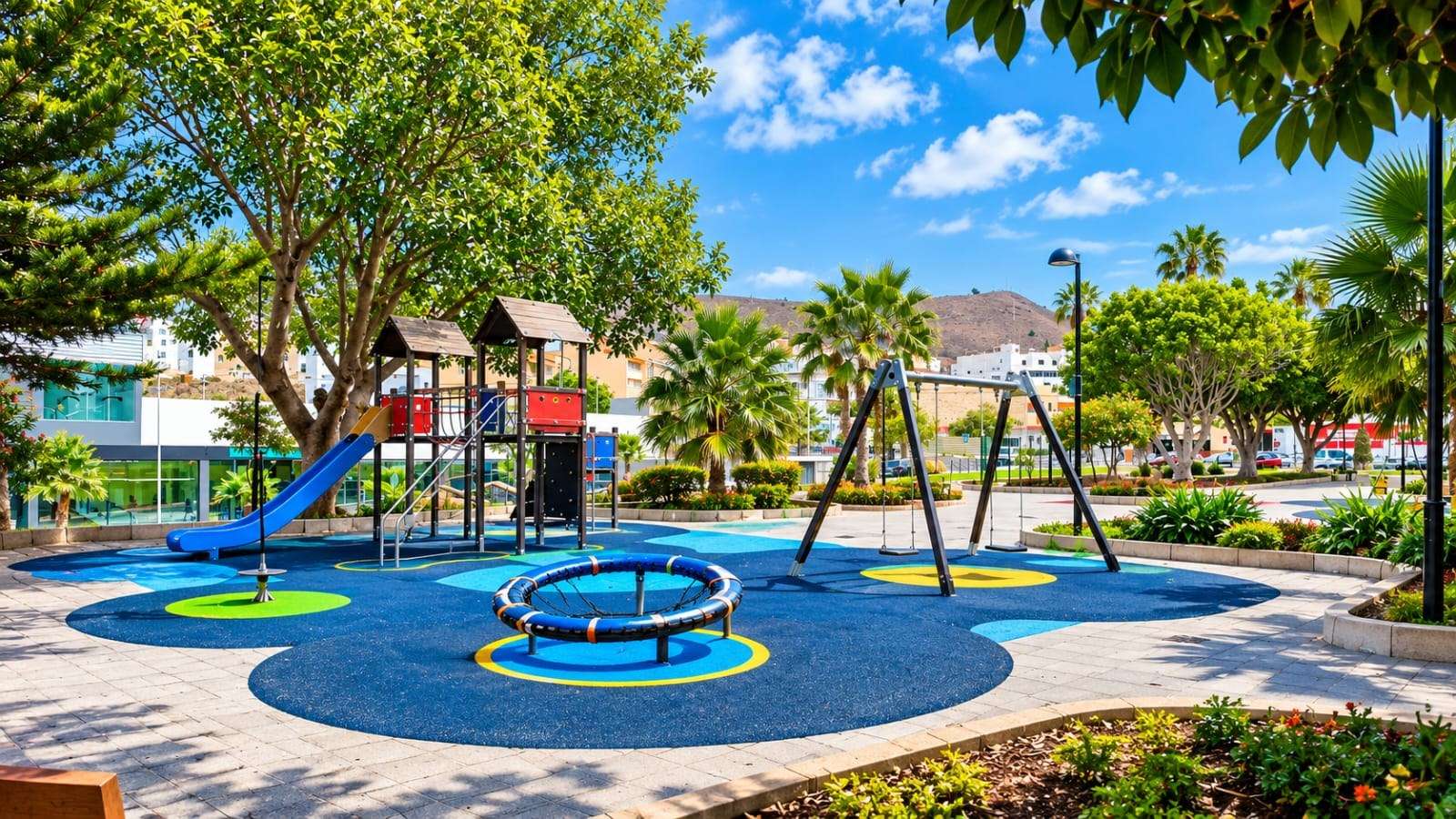 Parque infantil con columpio de nido y pavimento de caucho azul, entre árboles.